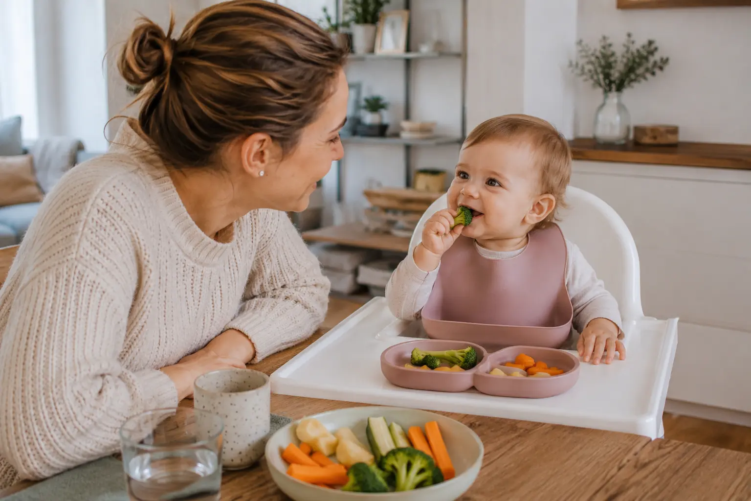 Alltagsszene zwischen Mutter und Baby beim gemeinsamen Essen. Das Bild symbolisiert einen entspannten Einstieg in Baby Led Weaning und eine natürliche Beikosteinführung in Hamburg.