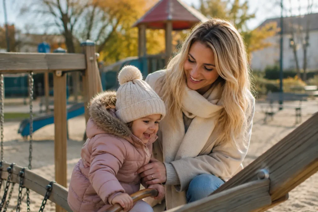 Liebe Betreuungssituation auf einem Spielplatz mit Nanny und Kleinkind. Das Bild symbolisiert Unterstützung und emotionale Sicherheit in der Erziehung im Familienalltag in Hamburg.