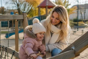 Liebe Betreuungssituation auf einem Spielplatz mit Nanny und Kleinkind. Das Bild symbolisiert Unterstützung und emotionale Sicherheit in der Erziehung im Familienalltag in Hamburg.