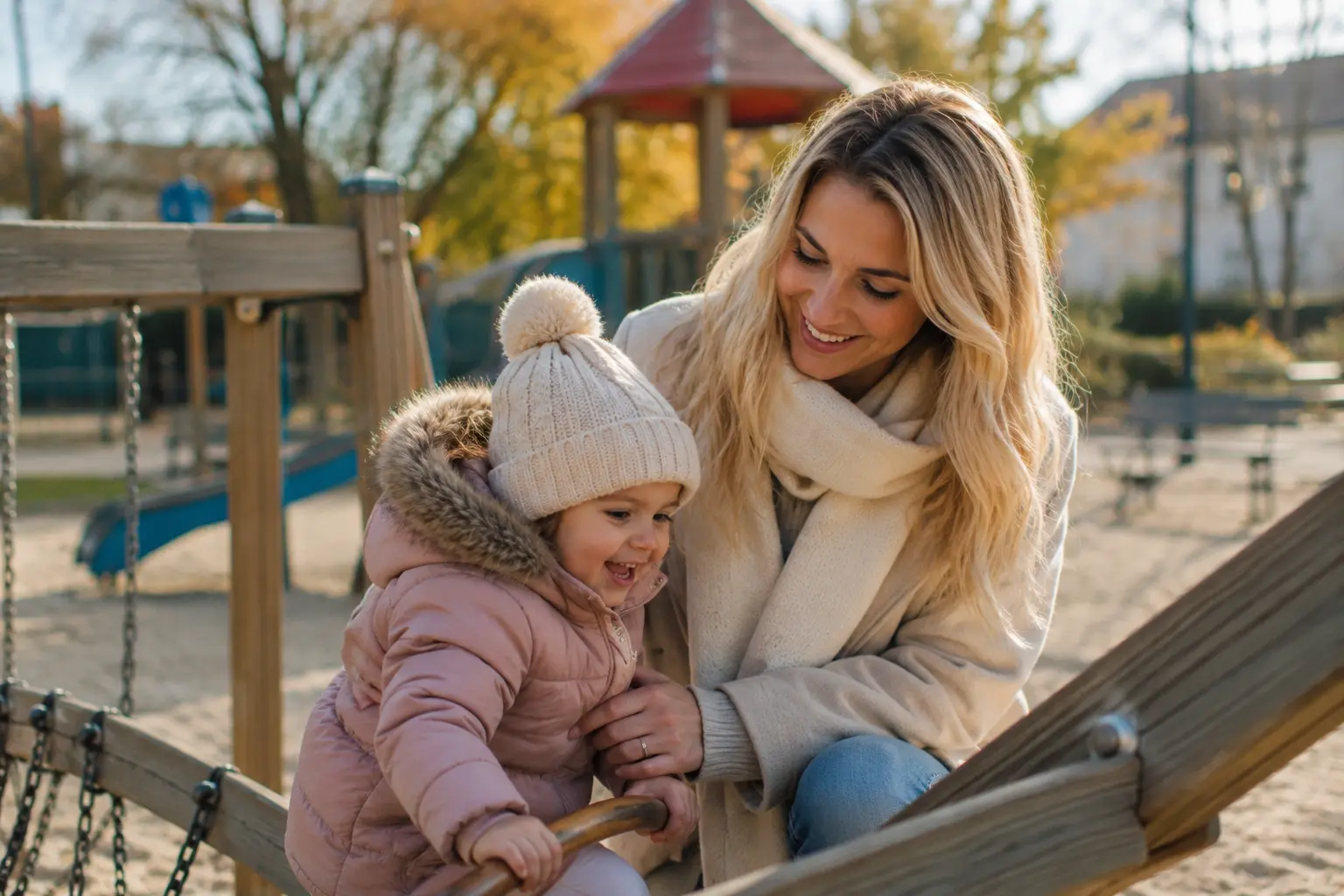 Liebe Betreuungssituation auf einem Spielplatz mit Nanny und Kleinkind. Das Bild symbolisiert Unterstützung und emotionale Sicherheit in der Erziehung im Familienalltag in Hamburg.