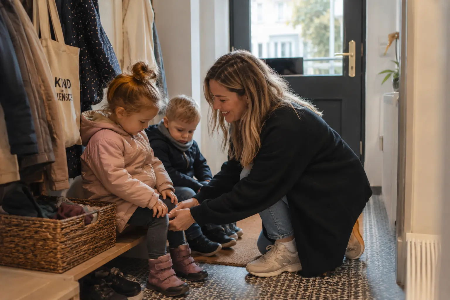 Alltagsszene im Eingangsbereich einer Familie. Eine Nanny unterstützt Kinder beim Anziehen und schafft feste Strukturen im Familienalltag in Hamburg.