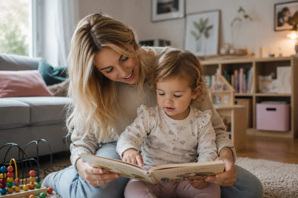 Liebevolle Nanny liest gemeinsam mit einem Kleinkind ein Bilderbuch. Das Bild zeigt, wie eine individuelle Betreuung die frühkindliche Entwicklung von Kindern in Hamburg fördern kann.