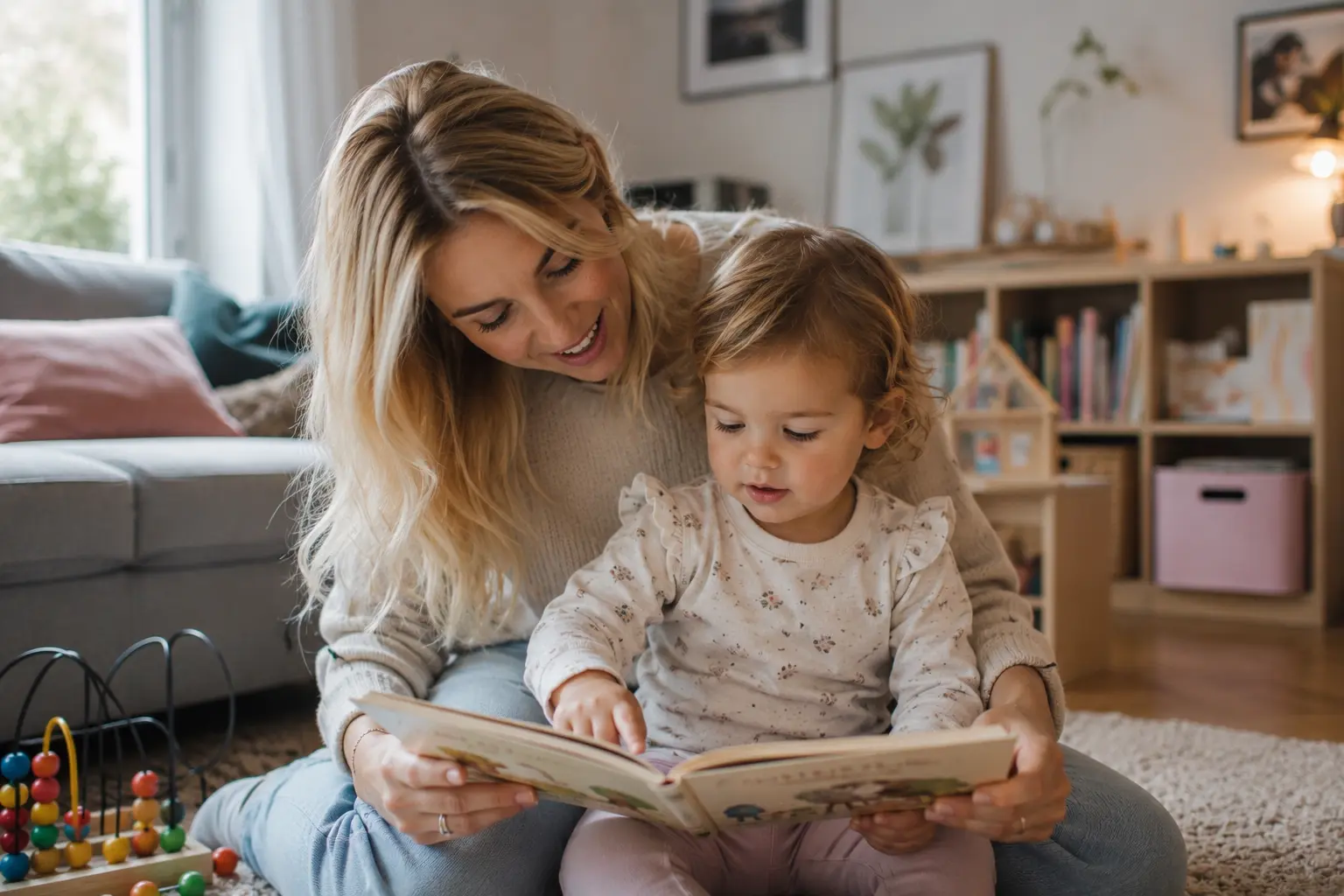 Liebevolle Nanny liest gemeinsam mit einem Kleinkind ein Bilderbuch. Das Bild zeigt, wie eine individuelle Betreuung die frühkindliche Entwicklung von Kindern in Hamburg fördern kann.