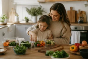 Liebevolle Alltagsszene einer Mutter mit ihrer Tochter beim gemeinsamen Vorbereiten gesunder Mahlzeiten. Das Bild symbolisiert Meal Prep für Familien, gesunde Routinen und mehr Entlastung im Familienalltag für Familien in Hamburg.