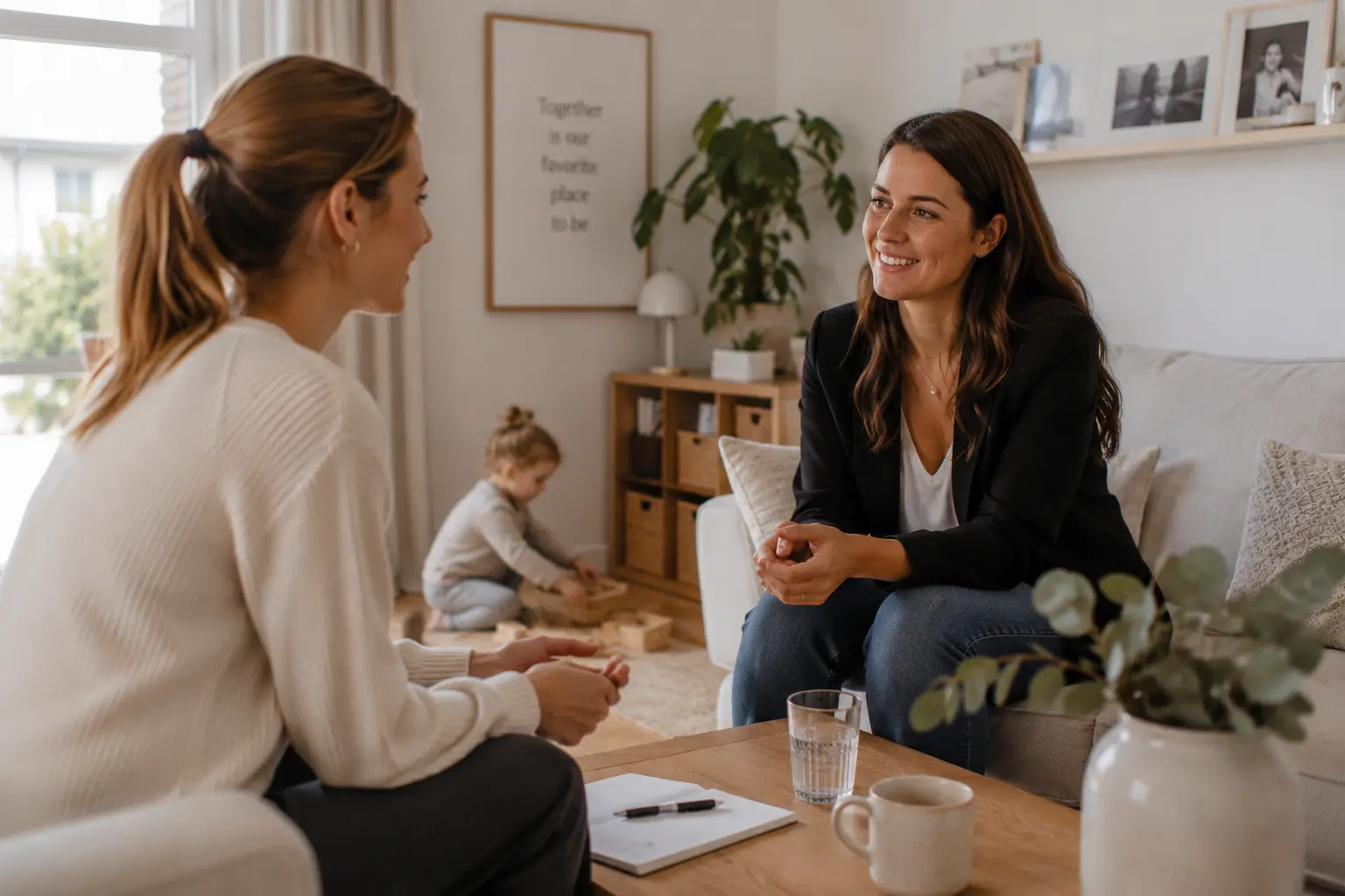 Authentische Gesprächssituation zwischen Familie und Bewerberin während eines Nanny Bewerbungsgesprächs in Hamburg. Das Bild zeigt Vertrauen und persönliche Betreuung im Familienalltag.