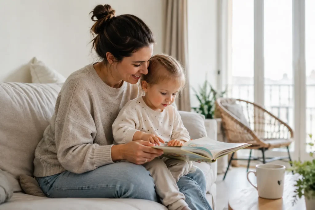 Mutter liest gemeinsam mit ihrem Kleinkind auf dem Sofa in heller Wohnatmosphäre. Das Bild steht für liebevolle Kinderbetreuung und eine Nanny für Familien in Hamburg.