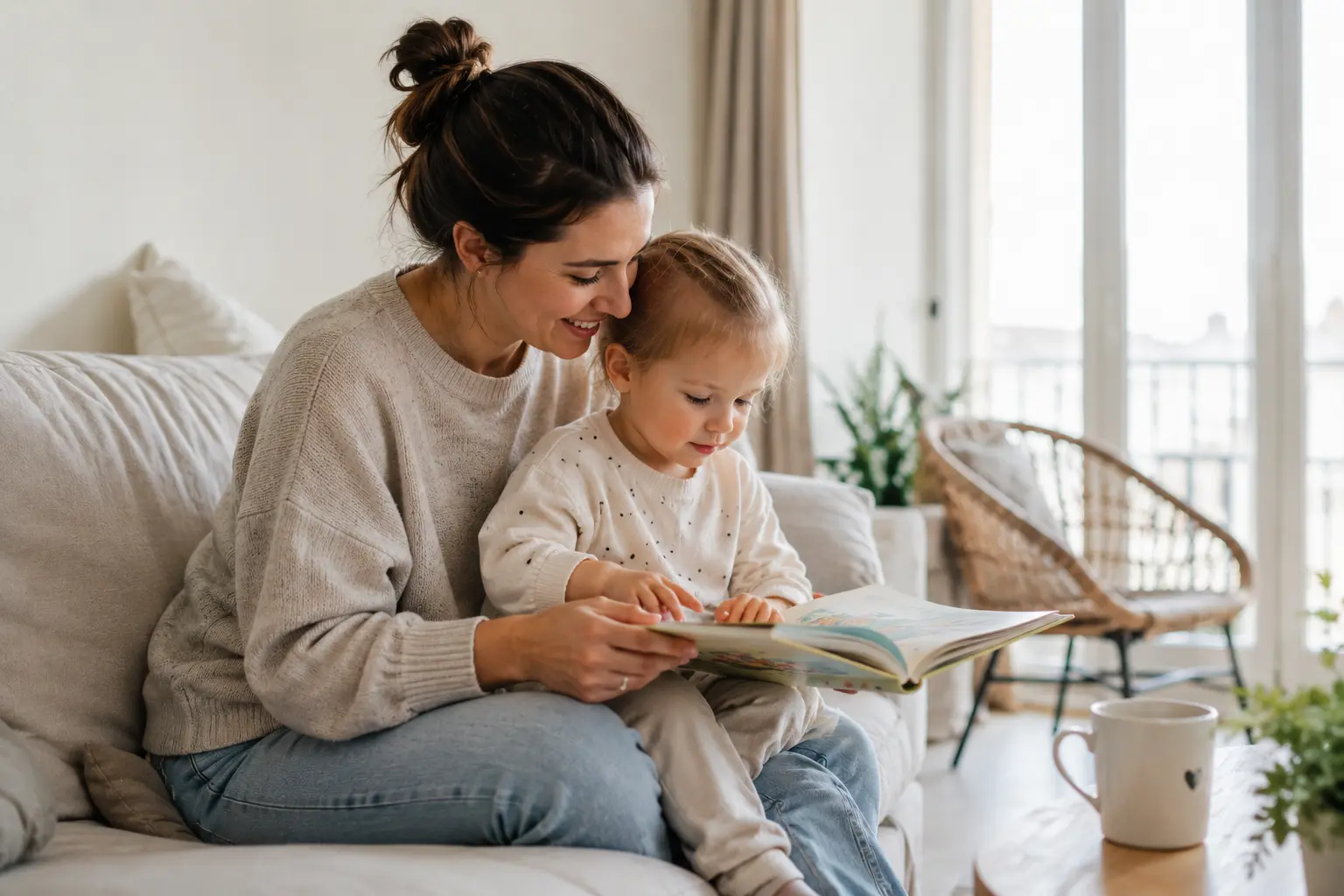 Mutter liest gemeinsam mit ihrem Kleinkind auf dem Sofa in heller Wohnatmosphäre. Das Bild steht für liebevolle Kinderbetreuung und eine Nanny für Familien in Hamburg.