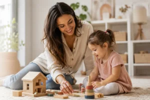 Liebevolle Betreuung für Kinder durch eine erfahrene Nanny in einer entspannten Spielsituation im Familienalltag.