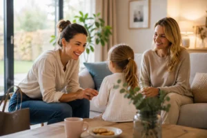 Der erste Tag mit einer neuen Nanny beginnt mit einem liebevollen Kennenlernen zwischen Kind, Eltern und Betreuungsperson.