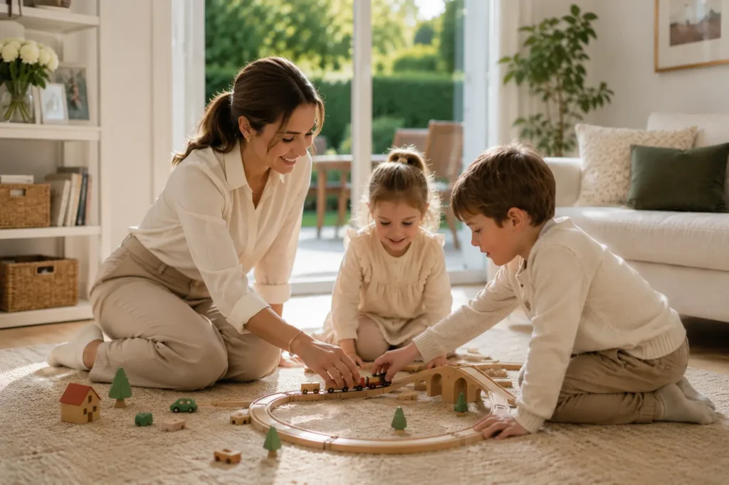 Familienmanagerin Grünwald begleitet zwei Kinder liebevoll im Familienalltag und unterstützt die Familie in Vollzeit.
