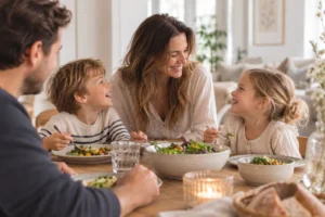 Familie verbringt gemeinsame Mahlzeiten am Esstisch und genießt wertvolle Zeit miteinander in entspannter Atmosphäre.