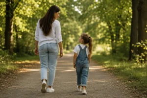 Gute Vorbilder für Kinder zeigen sich im Alltag. Eine Betreuungsperson verbringt gemeinsam mit einem Kind Zeit in der Natur und vermittelt Werte durch ihr eigenes Verhalten.