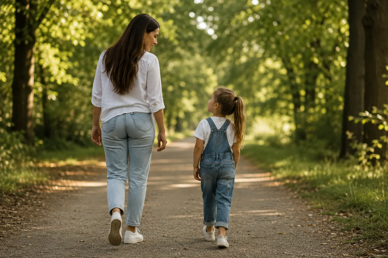 Gute Vorbilder für Kinder zeigen sich im Alltag. Eine Betreuungsperson verbringt gemeinsam mit einem Kind Zeit in der Natur und vermittelt Werte durch ihr eigenes Verhalten.