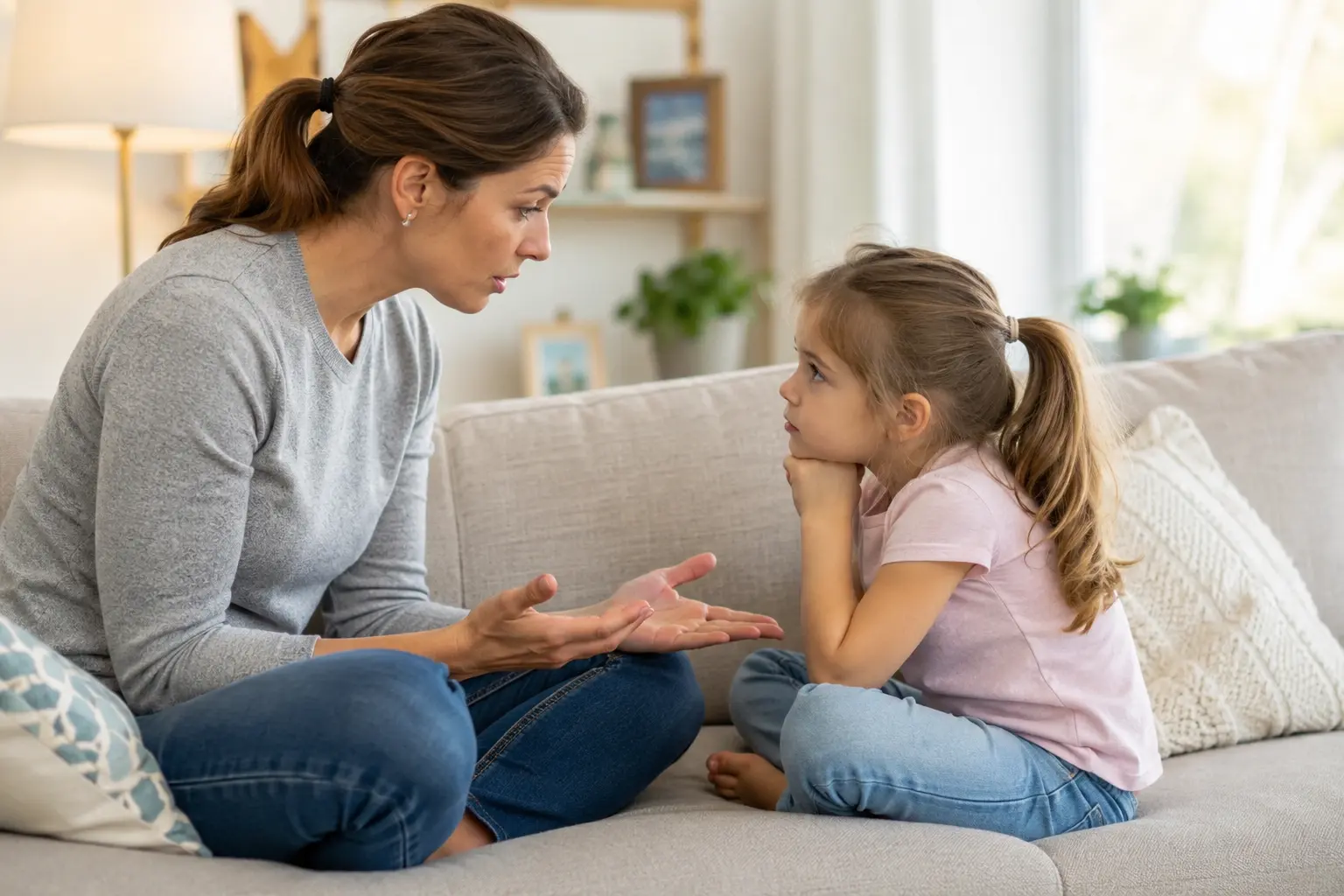 Mutter spricht in einer ruhigen Alltagssituation liebevoll mit ihrer Tochter und lösen Konflikte im Familienalltag.