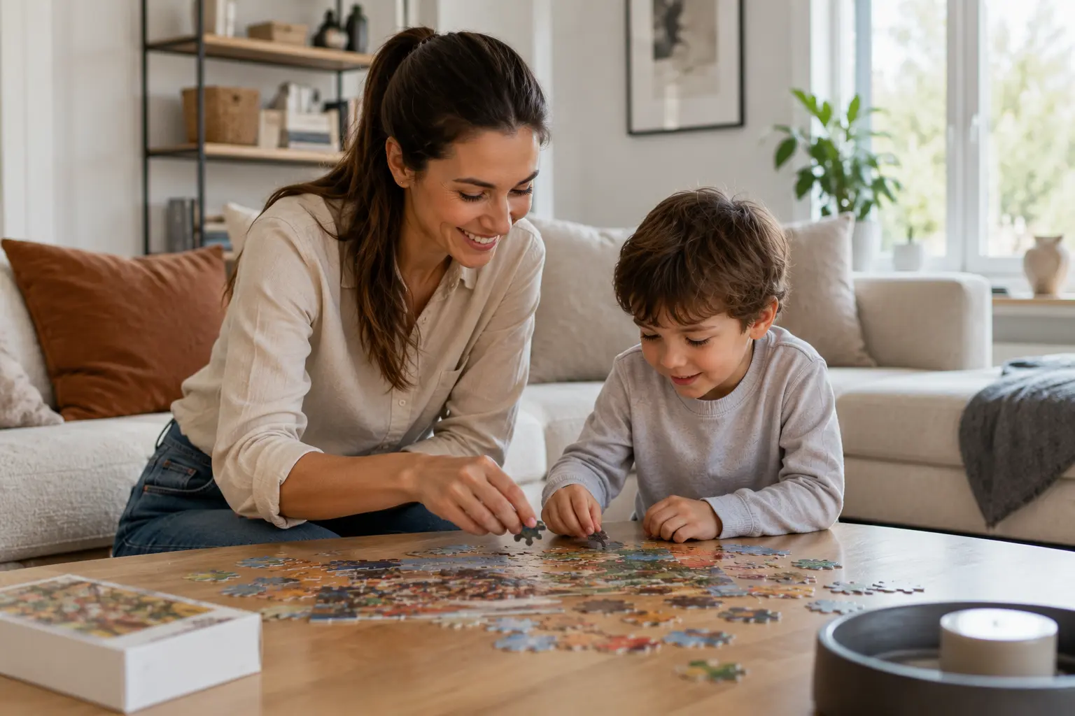 Professionelle Nanny begleitet ein Kind liebevoll beim gemeinsamen Puzzeln in einer modernen und familiären Umgebung.