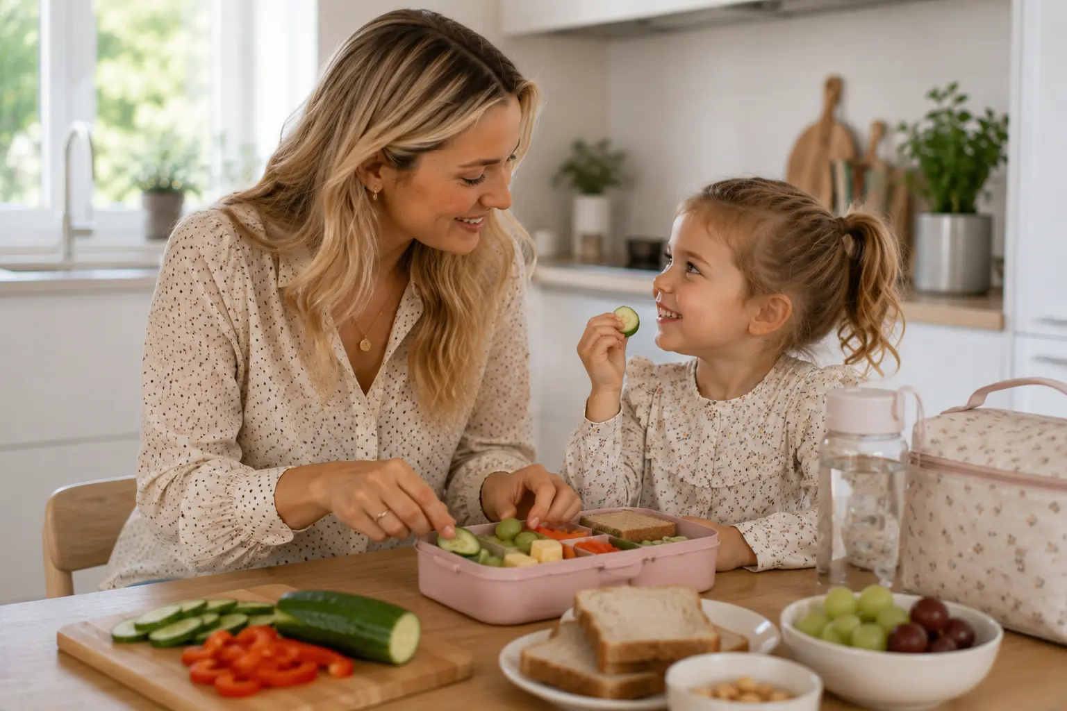 Nanny und Kind bereiten gemeinsam gesunde Pausenbrote für Kinder mit frischem Obst und Gemüse in einer modernen Küche in Hamburg zu.
