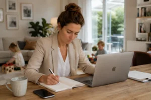 Berufstätige Mutter arbeitet im Homeoffice während ihre Kinder im Hintergrund spielen und den Familienalltag in Hamburg mit Mental Load veranschaulichen.