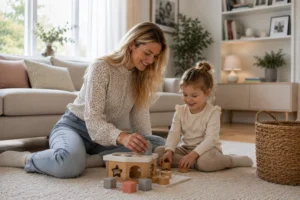 Blonde Nanny spielt während der Probezeit mit der Nanny gemeinsam mit einem Kind im Wohnzimmer einer Familie in Hamburg.