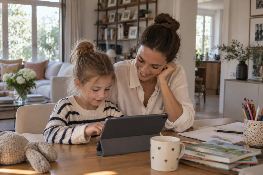Nanny begleitet ein Kind bei der Bildschirmzeit bei Kindern und unterstützt einen bewussten Umgang mit digitalen Medien im Familienalltag.