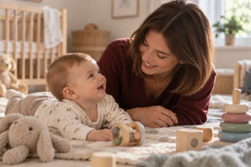 Liebevolle Bindung zwischen Baby und Nanny beim gemeinsamen Spielen und Blickkontakt in vertrauter häuslicher Umgebung.