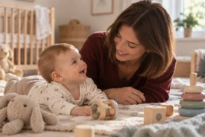 Liebevolle Bindung zwischen Baby und Nanny beim gemeinsamen Spielen und Blickkontakt in vertrauter häuslicher Umgebung.