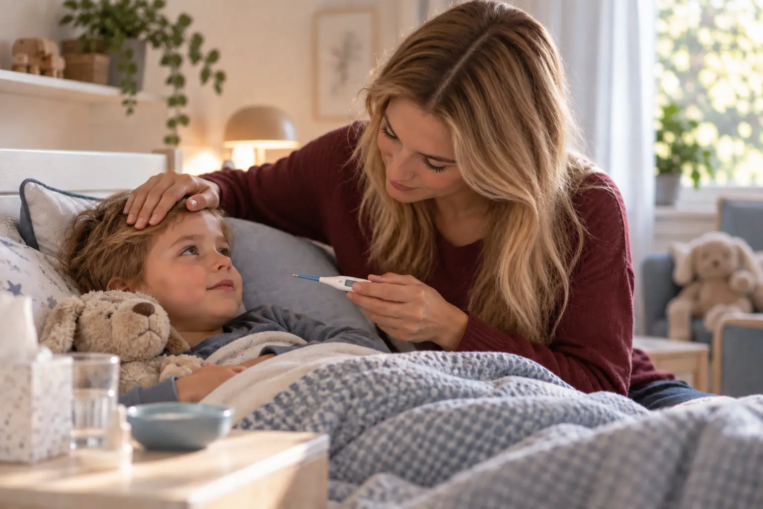 Mutter misst die Temperatur ihres kranken Kindes im Bett und achtet auf mögliche Anzeichen von Fieber bei Kindern.