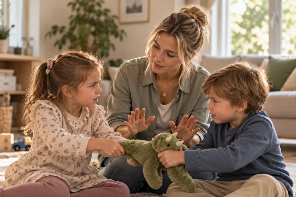 Nanny hilft zwei Kindern dabei, einen Geschwisterstreit lösen, und begleitet den Konflikt ruhig und einfühlsam.