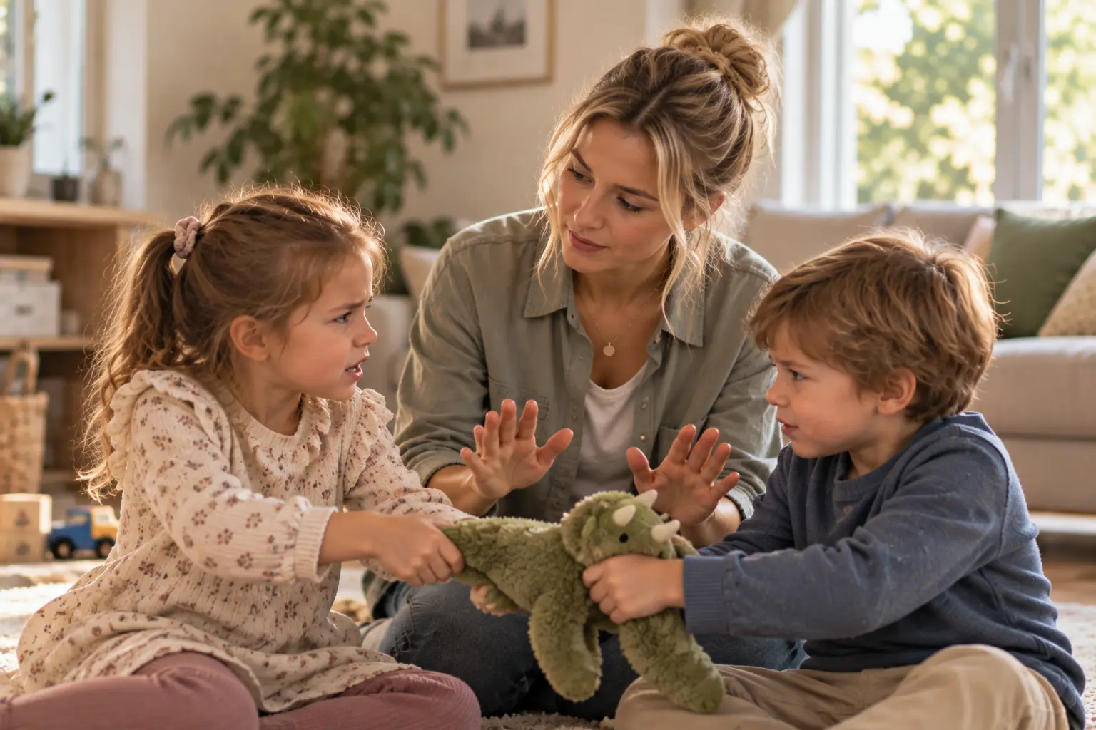 Nanny hilft zwei Kindern dabei, einen Geschwisterstreit lösen, und begleitet den Konflikt ruhig und einfühlsam.