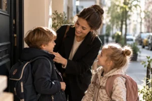 Nanny für berufstätige Eltern begleitet zwei Kinder beim morgendlichen Aufbruch und unterstützt die Familie zuverlässig im Alltag.