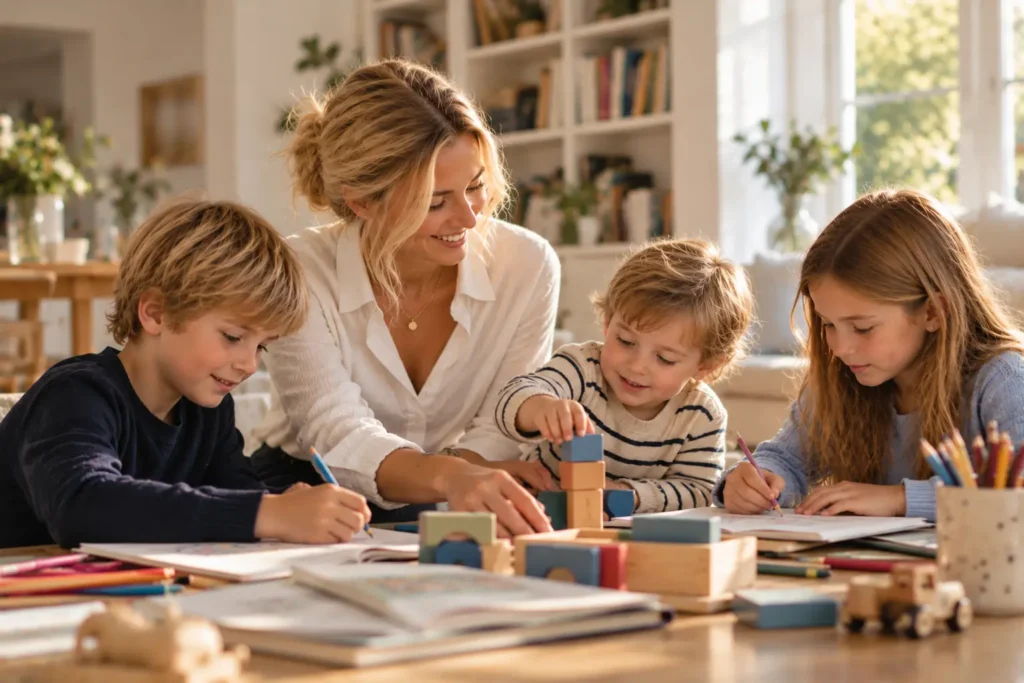 Nanny Hamburg Blankenese bei der liebevollen Betreuung von drei Kindern im Familienalltag.